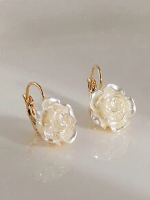 1 Pair Of Girls' White French Pearl Camellia Flower Earrings - Suitable For Daily Accessories