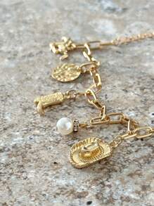 1 件女牛仔靴、女牛仔帽、几何和珍珠吊饰链式手链 - 金色 - 查看 5