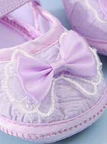 1 đôi giày trẻ sơ sinh chống trượt thích hợp cho trẻ mới biết đi trong nhà, giày đế bằng mềm mại có thiết kế nơ dễ thương. - Màu tím - Xem 4
