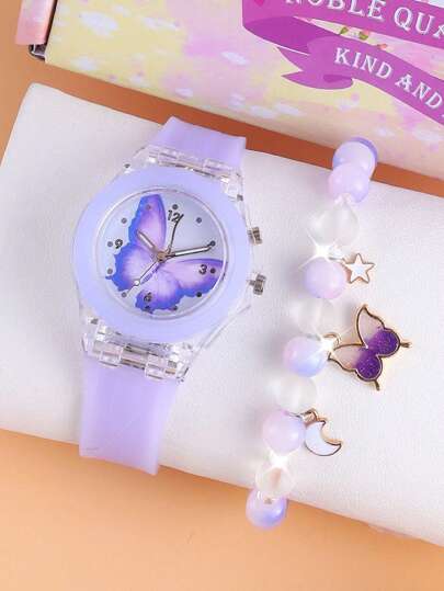 2st set flickor barn lysande klocka, LED-belysning Cartoon Butterfly Quartz Watch & pärlhängande armband