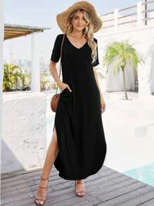 Women's Casual Loose Sundress Short Sleeve V Neck Long Dress Split Maxi Summer Beach Dress With Pockets - màu đen - Xem 2