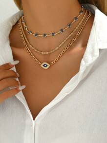 3pcs Metal Chain Devil Eye Pendant Necklaces Set, Minimalist Choker Jewelry For Women Everyday And Gathering Wear - Devil's Eye - View 2