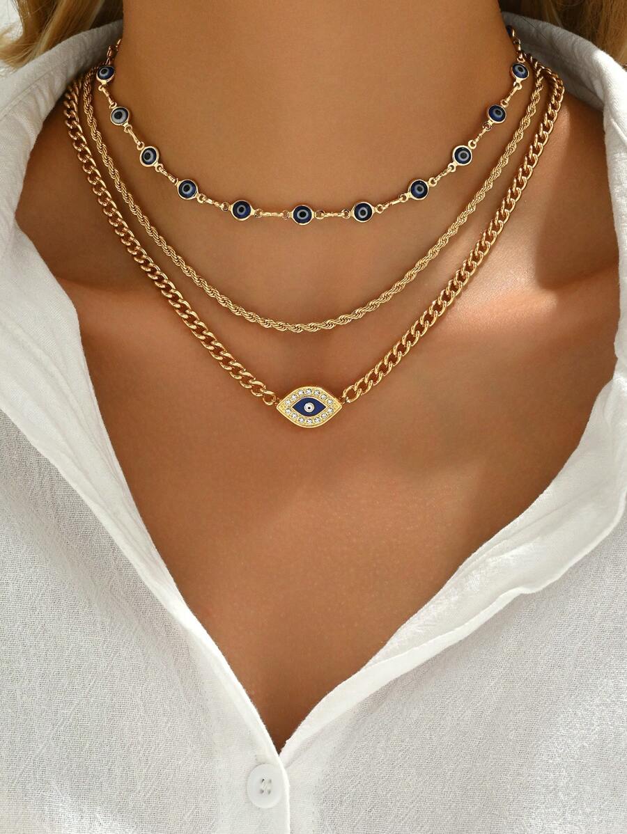 3pcs Metal Chain Devil Eye Pendant Necklaces Set, Minimalist Choker Jewelry For Women Everyday And Gathering Wear - Devil's Eye - View 1