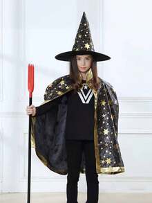 2pcs Vibrant Stars Pattern Magic College Style Cloak & Classic Pointed Witch Hats, Perfect Costumes Accessories For Themed Parties - School Party Gift For Boy And Girl, Ideal For Halloween Celebrations - Multicolor - View 3