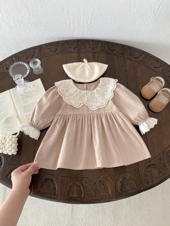 女童镂空彼得潘领宽松长袖连衣裙，学院风，春秋装，尺码偏大