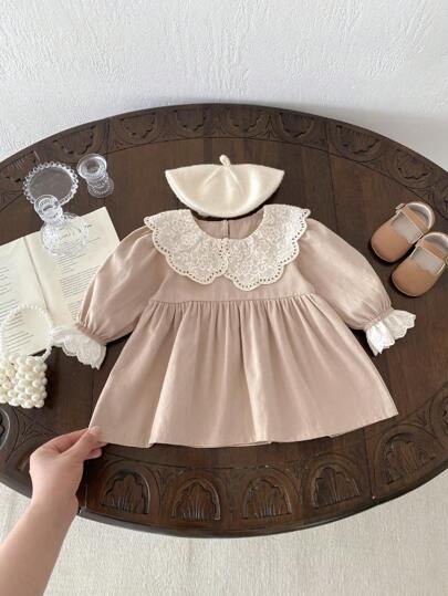 女童镂空彼得潘领宽松长袖连衣裙，学院风，春秋装，尺码偏大