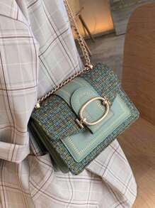 Mini sac en tweed à motif de tartan, sac à épaule orné carré, sac bandoulière à rabat avec chaîne, convient pour un usage quotidien