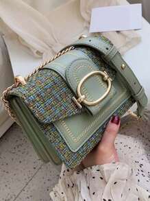 Mini sac en tweed à motif de tartan, sac à épaule orné carré, sac bandoulière à rabat avec chaîne, convient pour un usage quotidien