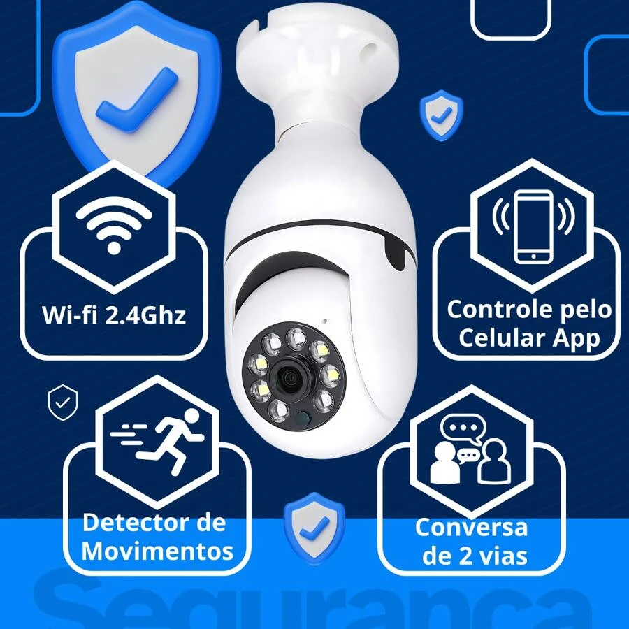 Câmera Lâmpada Ip Externa 100% Prova D'água Wifi Hd Camara Panorâmica Smart Infravermelho Visão Noturna Microfone Alarme Segurança Residencial - Branco - Visão 1
