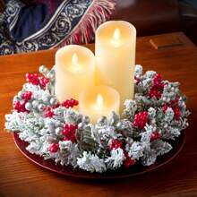 1pc Flocked Flower Christmas Wreath Candle Holder Desktop Mini Candle Wreath Decoration,Christmas Gift