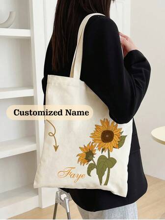 Customized Sunflower Canvas Bag, Large Capacity Minimalist Beach Bag, Backpack, Commuter Canvas Bag, Sports Backpack, Luggage Bag, Personalized Photo Gym Bag, Suitable For Business/Commute/Christmas/Leisure Travel/Outdoor Hiking/Sports/Climbing And Other Occasions, Fun, Cute, Millennium Style, Minimalist Design, Essential For Commuting
