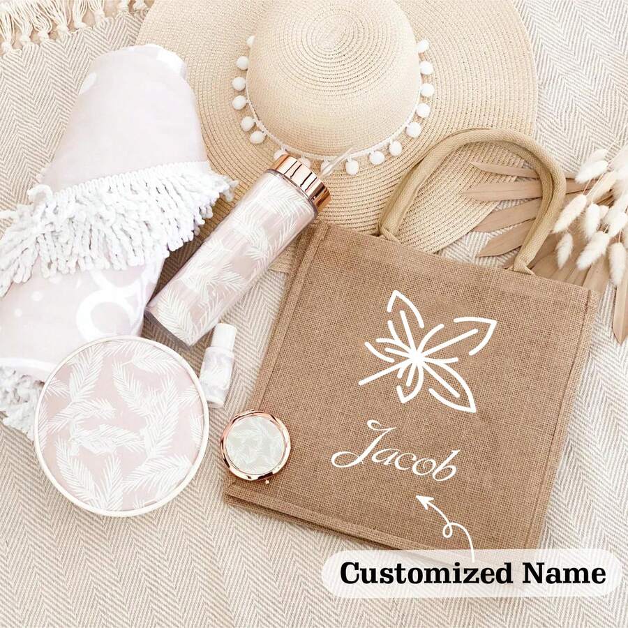 Bolsa de Praia Personalizada Personalizada com Nome - Bolsa da Dama de Honra - Bolsa de Presente Reutilizável Criativa - Combinar com Presentes da Festa Nupcial - Bolsa de Praia Tecida de Férias - Caqui - Visão 1