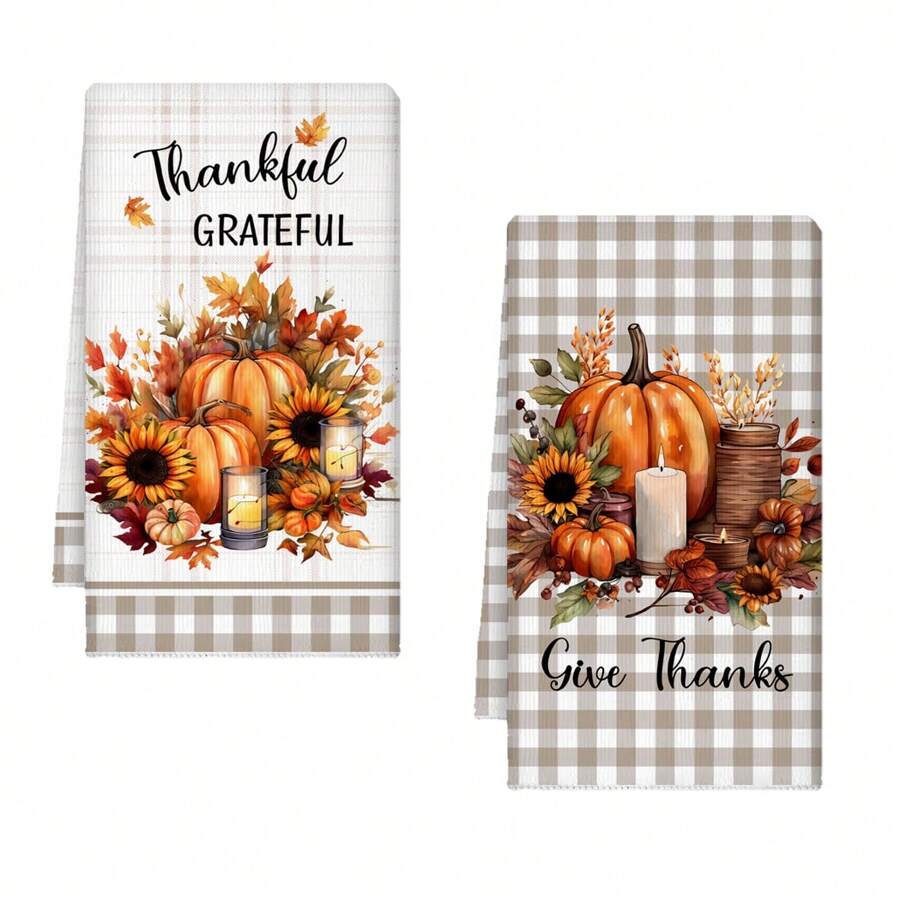 2 件秋季格子南瓜和季节性树叶印花厨房毛巾，45 X 70 厘米，适用于厨房和餐厅 - 彩色 - 查看 1