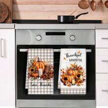 2 件秋季格子南瓜和季节性树叶印花厨房毛巾，45 X 70 厘米，适用于厨房和餐厅 - 彩色 - 查看 2