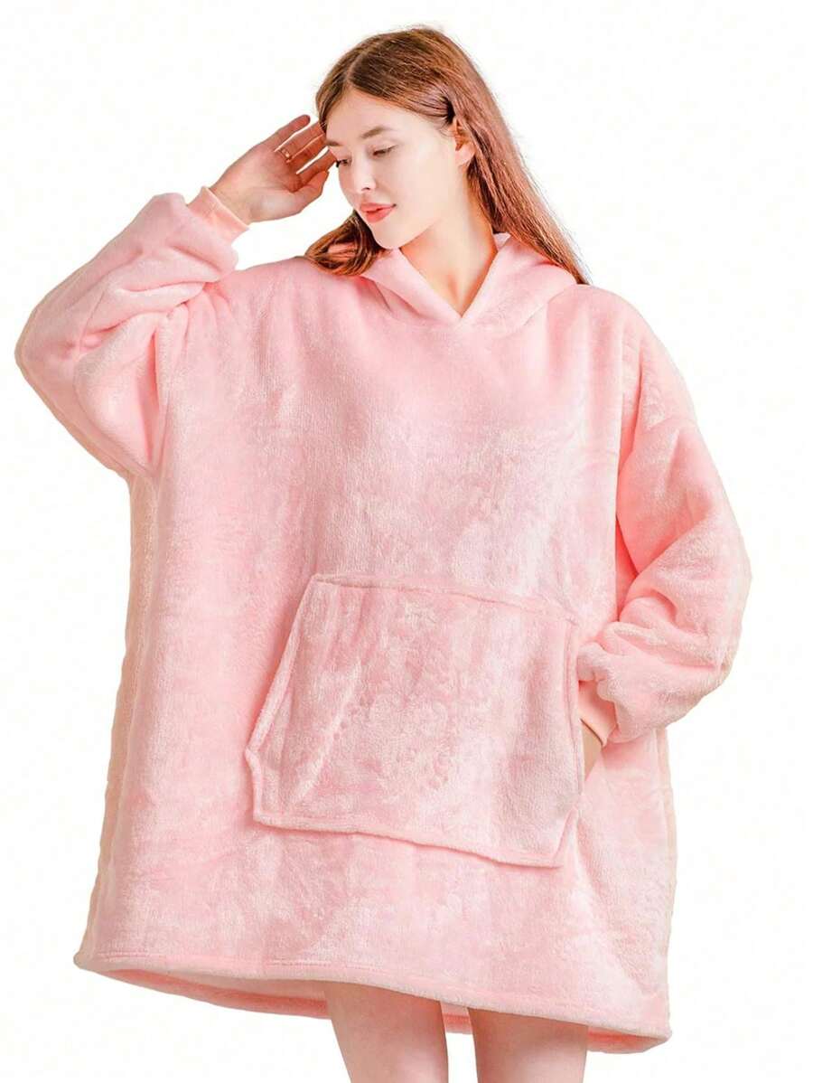 Oversized Hoodie Blanket, Super Soft Warm Wearable Fluffy Blanket, Cosy Comfy Hooded Sherpa Sweatshirt For Women Girls Adults Men Boys Kids Big Pocket - Pink - View 1