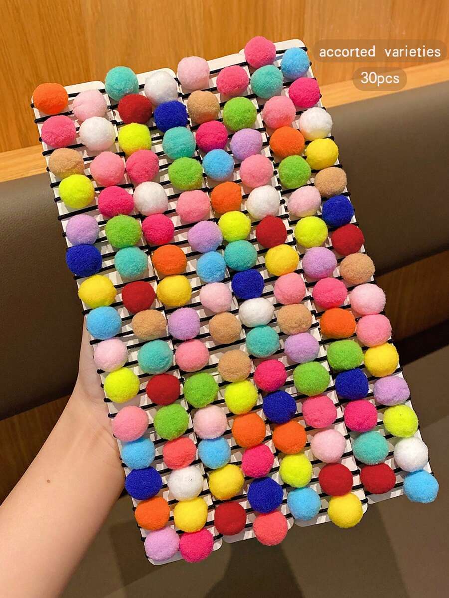 30pcs/Pack Random Color Fluffy Ball Hair Ties, Cute And Adorable, Suitable For Daily Use - Multicolor - View 1