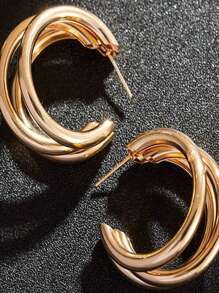 Dellgoo Minimalist C-Shape Multi-Layer Small Geometric Metallic Texture Earrings - Yellow Gold - View 2