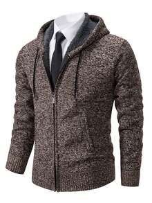 1 Stück Herren Strickjacke mit Kapuze, Teddy gefüttert, mit Kordelzug - Kaffeebraun - Übersicht 6