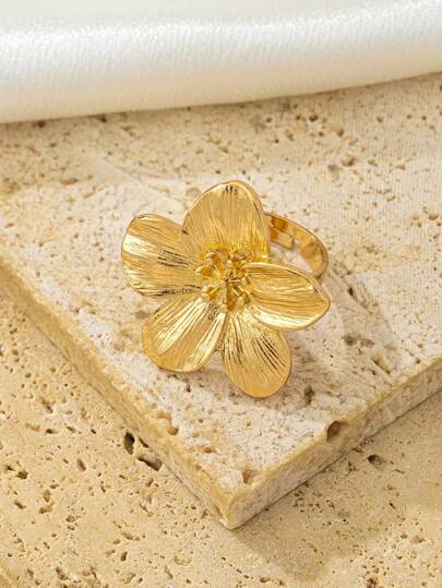 Elegant Stainless Steel Flower Adjustable Open Finger Ring, 18K Gold PVD Coating, Waterproof, Wedding Gift For Women Valentines