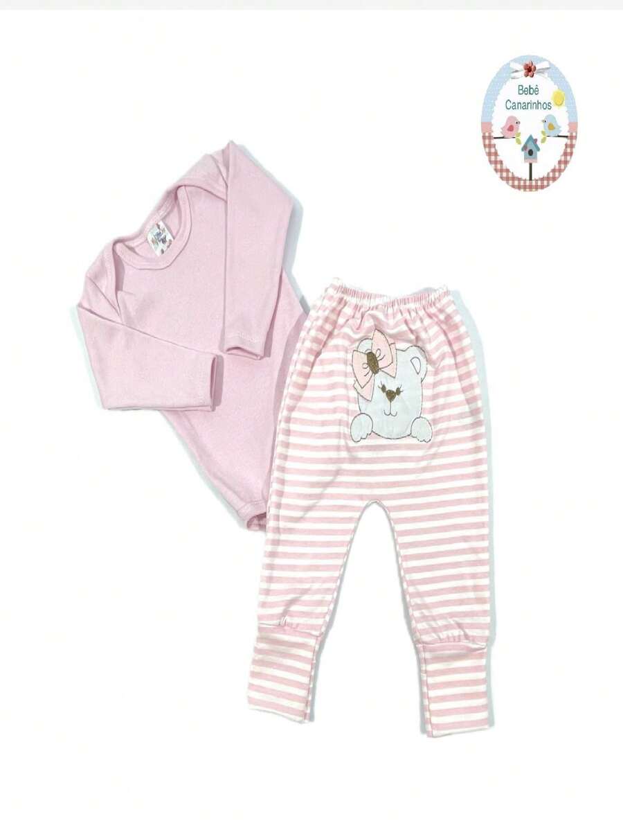 Long Sleeve Bodysuit And Reversible Foot Pee Set Embroidered Cotton Suedine For Babies - Màu Hồng baby - Xem 1