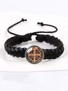 1pc Saint Benedict Medal Leather Bracelet, Adjustable Woven Rope Bracelet For Men - Bracelet - View 16