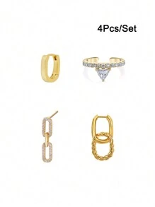 4 Pcs (One Side Ear) Fashion Gold Plated Cubic Zirconia Dangle Earrings For Women Zirconia Ear Cuff Earrings Set Party Jewelry