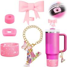 Set de 5 accesorios para tazas de 30oz y 40oz, decoraciones con iniciales para tumblers, que incluye tapa y funda de silicona para pajita, tapa a prueba de derrames, y dije para asa