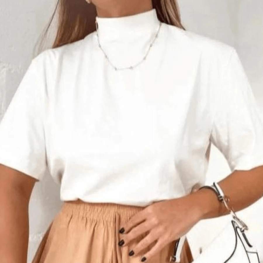 WOMEN'S T-SHIRT, HIGH NECK, SHORT SLEEVE - White - View 1