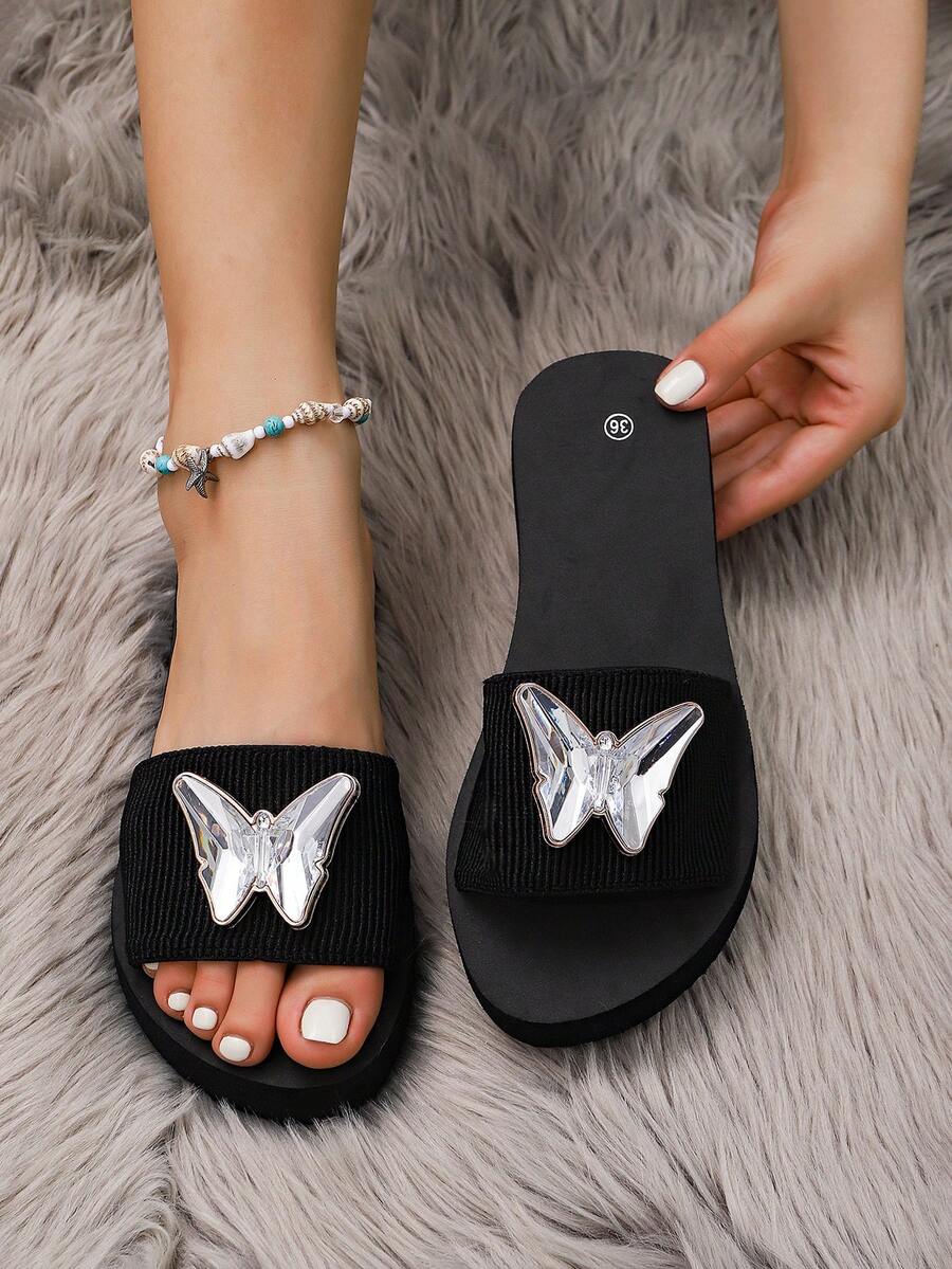 Women's Cute Glitter Crystal Diamante Butterfly Design Black Slippers, Fashionable Lightweight & Comfortable Flat Indoor Slides For Party, Holiday, Beach - Black - View 1