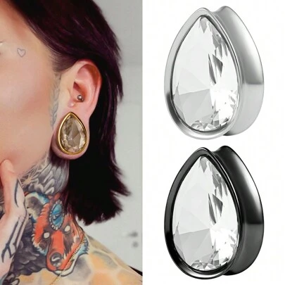 2 piezas Túneles de cristal en forma de lágrima, túneles de expansión para perforaciones de alta calidad de acero inoxidable con zirconia en forma de gota de agua, joyería corporal, aretes, enchufes estirados