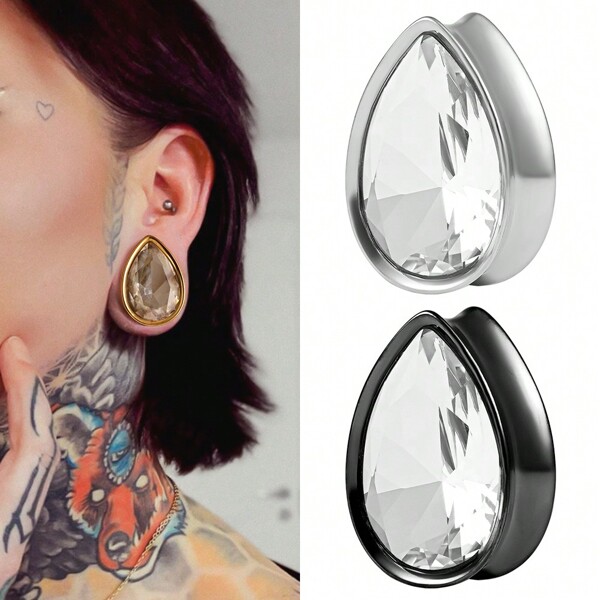 2pcs Teardrop Crystal Tunnels High Quality Stainless Steel Water Drop Zirconia Ear Piercing Tunnels Expanders Body Jewelry Earring Plugs Stretchers