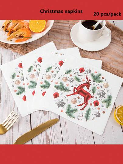 20 Pieces/1 Pack Of Christmas Day Decorative Printed Napkins, Reindeer, Christmas Tree Party Logo Printed Napkins, Merry Christmas,