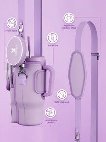 1 pieza Funda aislada de neopreno para botella de agua, con correa para el hombro, portavasos portátil, accesorio de moda, diseño de patrón rosa, cubierta protectora para botella de agua - Morado - Ver 5