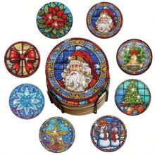 8 件钻石艺术杯垫套装带支架 - DIY 钻石艺术杯垫、防滑饮料杯垫、圣诞节假期钻石套装、圣诞礼物、节日装饰