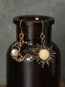 1 对复古波西米亚风格金属日月月光石不对称耳环，适合女士，节日礼物 - 古金色 - 查看 1