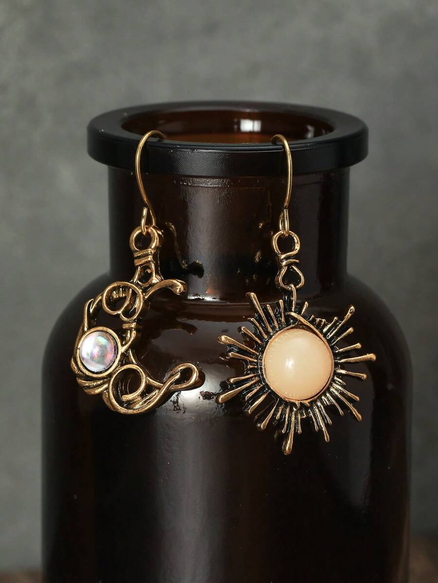 1 对复古波西米亚风格金属日月月光石不对称耳环，适合女士，节日礼物 - 古金色 - 查看 1