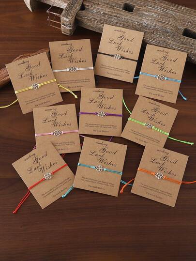 10件套复古四叶草幸运手链套装，附赠好运祝福卡片手链，彩色手工可调节编织手链套装，礼品