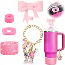 Set de 5 accesorios para tazas de 30oz y 40oz, decoraciones con iniciales para tumblers, que incluye tapa y funda de silicona para pajita, tapa a prueba de derrames, y dije para asa