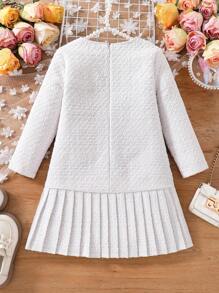 Girls' Elegant Solid Color Spring/Autumn Dress, Girls' Long Sleeve Patchwork Pleated Skirt Dress, Comfortable & Versatile Casual Childrenswear - trắng - Xem 2