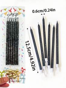 6pcs/Set Black Silver Confetti Effect Long Stick Birthday Party Cake Candles, Back To School Valentine Day - Black - View 3