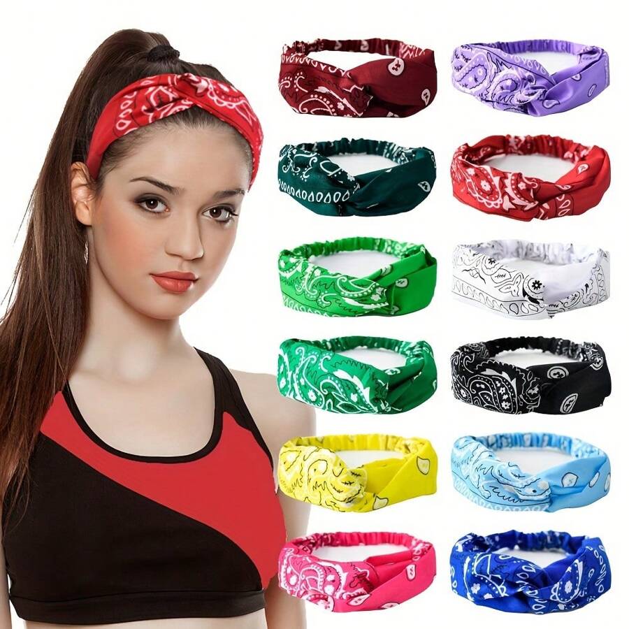 12pcs Stylish Headband, Bohemian Elastic Headband, Polyester Bandana Hip-Hop Headband, Hip-Hop Hip-Hop Hip-Hop Hip-Hop Headband - 12pcs - View 1