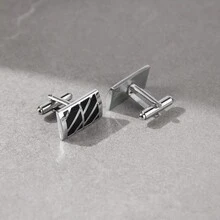 1 par de gemelos rectangulares clásicos de artesanía esmaltada, accesorio de moda para negocios para hombres - Negro - Ver 5