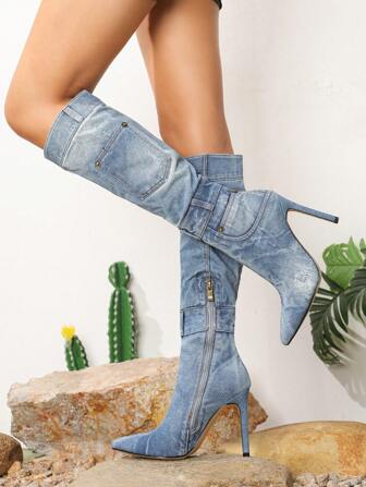 Botas altas hasta la rodilla con puntera puntiaguda y tacón de 10,7 cm de alto, con efecto desgastado, elegantes y adecuadas para festivales, citas y compras