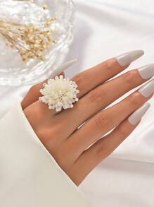 1 件时尚手工珠子和人造珍珠花戒指情人节、妈妈、母亲、母亲节、礼物 - 白色 - 查看 1