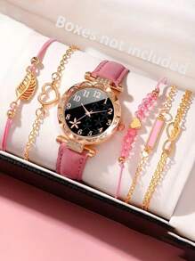 1pc Quartz Bracelet Watch With Rhinestone Flower Dial For Girls & 6pcs Heart Leaf Jewelry Set