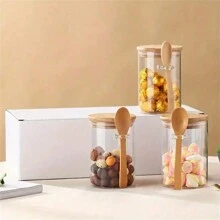 1 件玻璃密封香料罐，带竹盖和勺子，厨房储物容器，用于存放香料、糖、咖啡、坚果 - 無色 - 查看 4