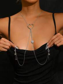 STONEFANS Elegante cadena de piercing con colgante de estrella metálico, anillo de pezón con forma de corazón de cobre simple y versátil para San Valentín, mamá, madre, Día de la Madre, regalo - Plateado - Ver 1