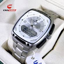 Đồng hồ thạch anh thời trang nam, CHAXIGO, Đồng hồ báo thức chống nước phát sáng, Dây đeo bằng thép không gỉ và mặt số lớn, Đồng hồ điện tử kim chuyển động kép, Đồng hồ thời trang nam chất lượng cao, 6137 - trắng - Xem 9