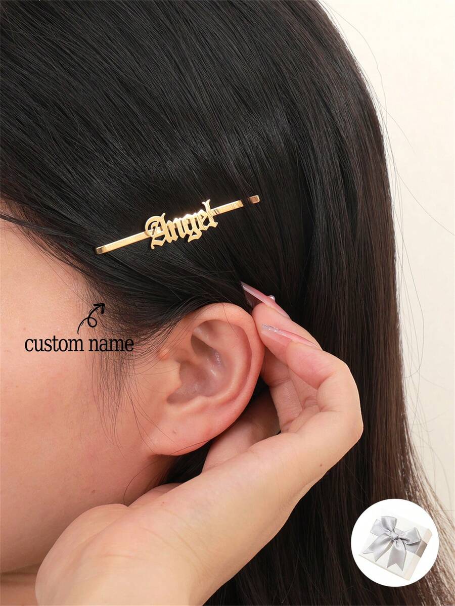 1 kẹp tóc tên cổ điển tùy chỉnh, phụ kiện tóc văn bản tiếng Anh cổ điển tùy chỉnh, kẹp tóc tên cá nhân bằng thép không gỉ quà tặng cho phụ nữ, ngày của mẹ, sinh nhật, giáng sinh - Vàng - Xem 1