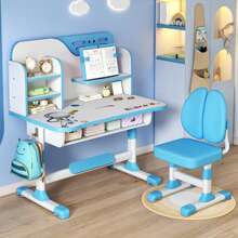2Pcs/Set Premium Kids Study Desk Chair Set, Height Adjustable Children School Study Table Chair Set With Astronaut Pattern, Ergonomic Desk Chair With Large Writing Board, Bookshelf And Drawer - 藍色 - 查看 3